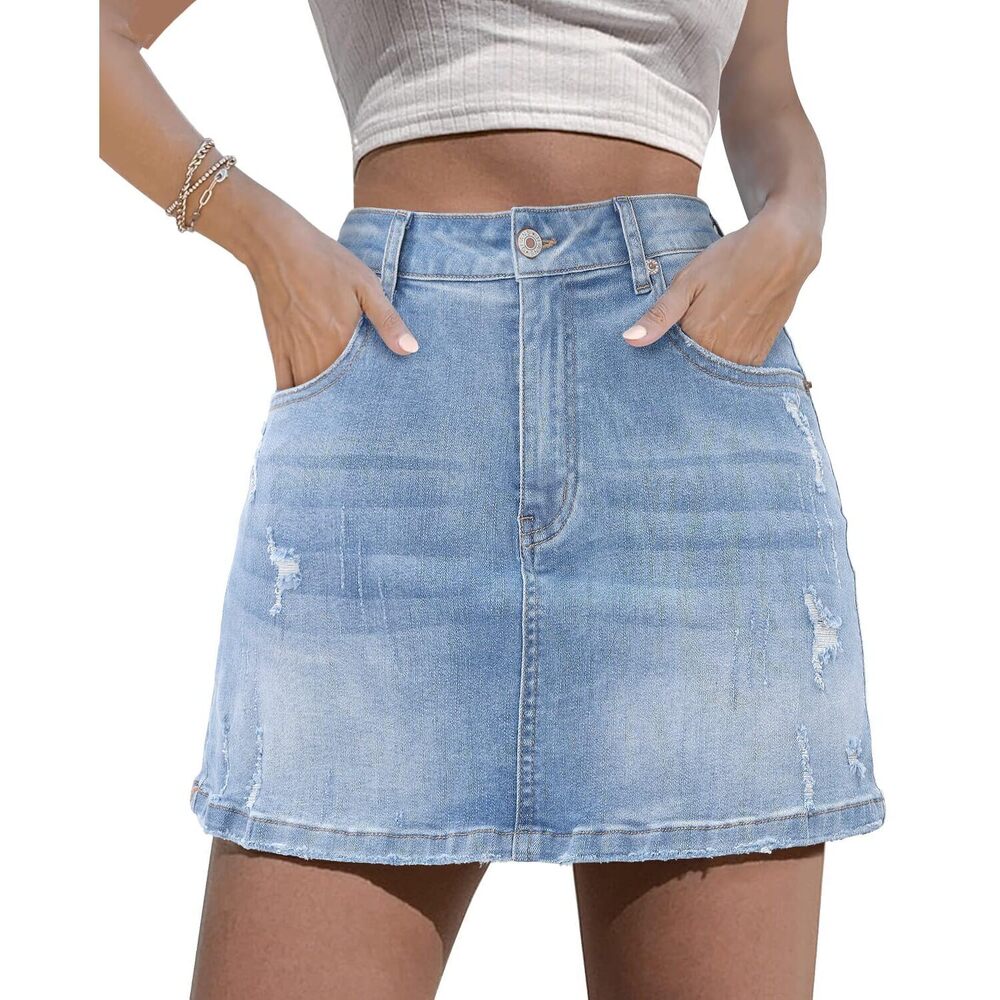 1346 Jean Skirts for Summer Juniors Vintage Worn Ripped Skirts Frayed Raw